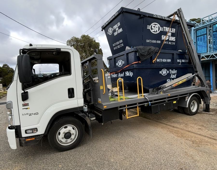 SA Trailer and Skip Bins truck delivering a skip bin in Adelaide